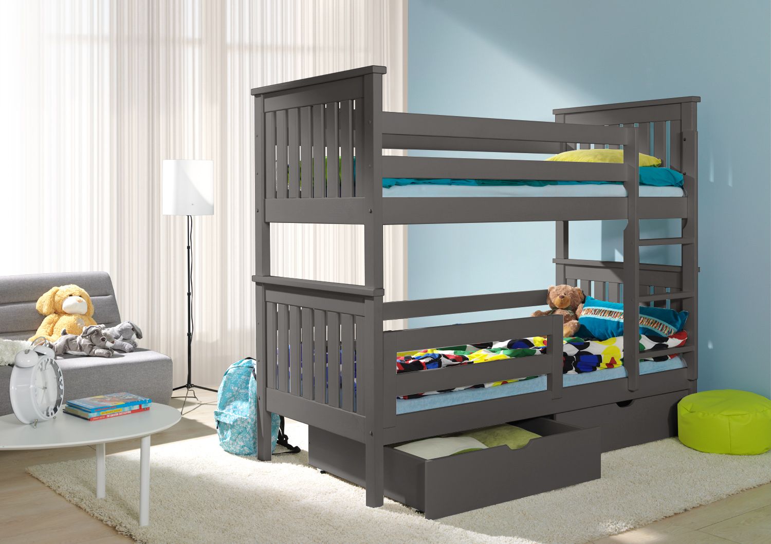 Solid Pine Grey Wooden Double Bunk Beds, Solid Bunk Beds