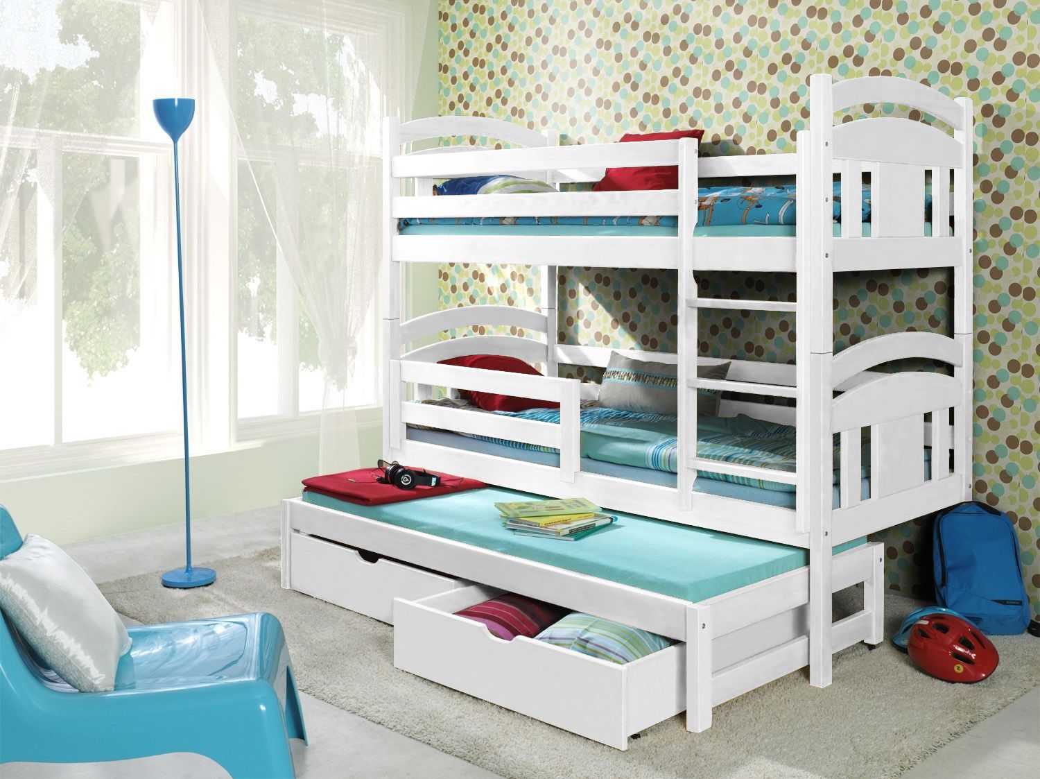White Triple Bunk Beds Solid Pine High, Three Sleeper Bunk Bed With Mattress